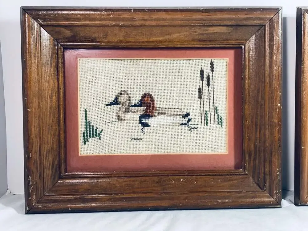 Embroidered ducks antique wall art wood frames